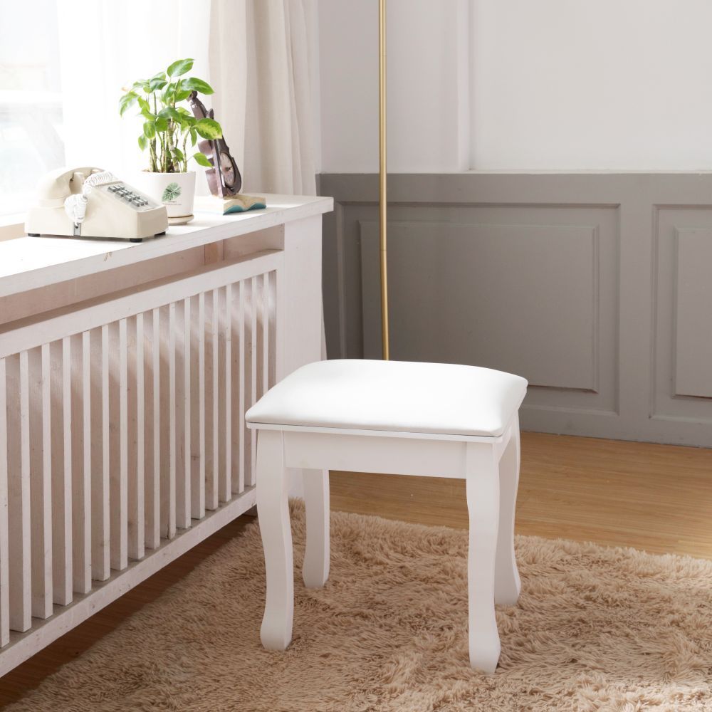 Taburete de tocador blanco, silla de maquillaje acolchada, banco con patas de madera maciza