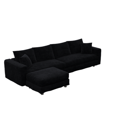 102.4 'Plush Corduroy 4-Seat Sofa,Modern Comfy Upholstered Sofa Cloud Couch,Deep Seat Couches with Soft Pillows and Movable Ottoman,Convertible Sofa Lounge Chair,for Living Room,Apartment,Office,Black