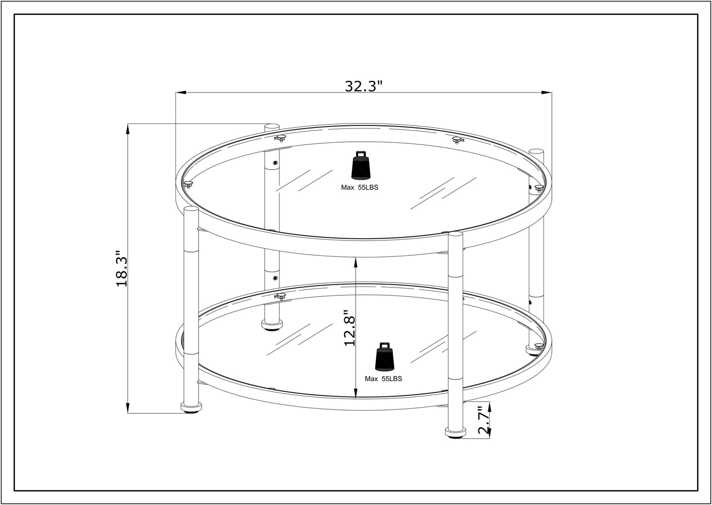 W82153572 Mesa de centro acrílica contemporánea, mesa de centro redonda de vidrio templado de 32,3 pulgadas, mesa de centro cromada/plateada para sala de estar