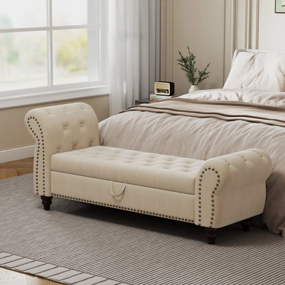 64.5' Bed Bench for Bed Room Nails Tufted Chaise of Lounge with Storage Velvet Upholstery Beige