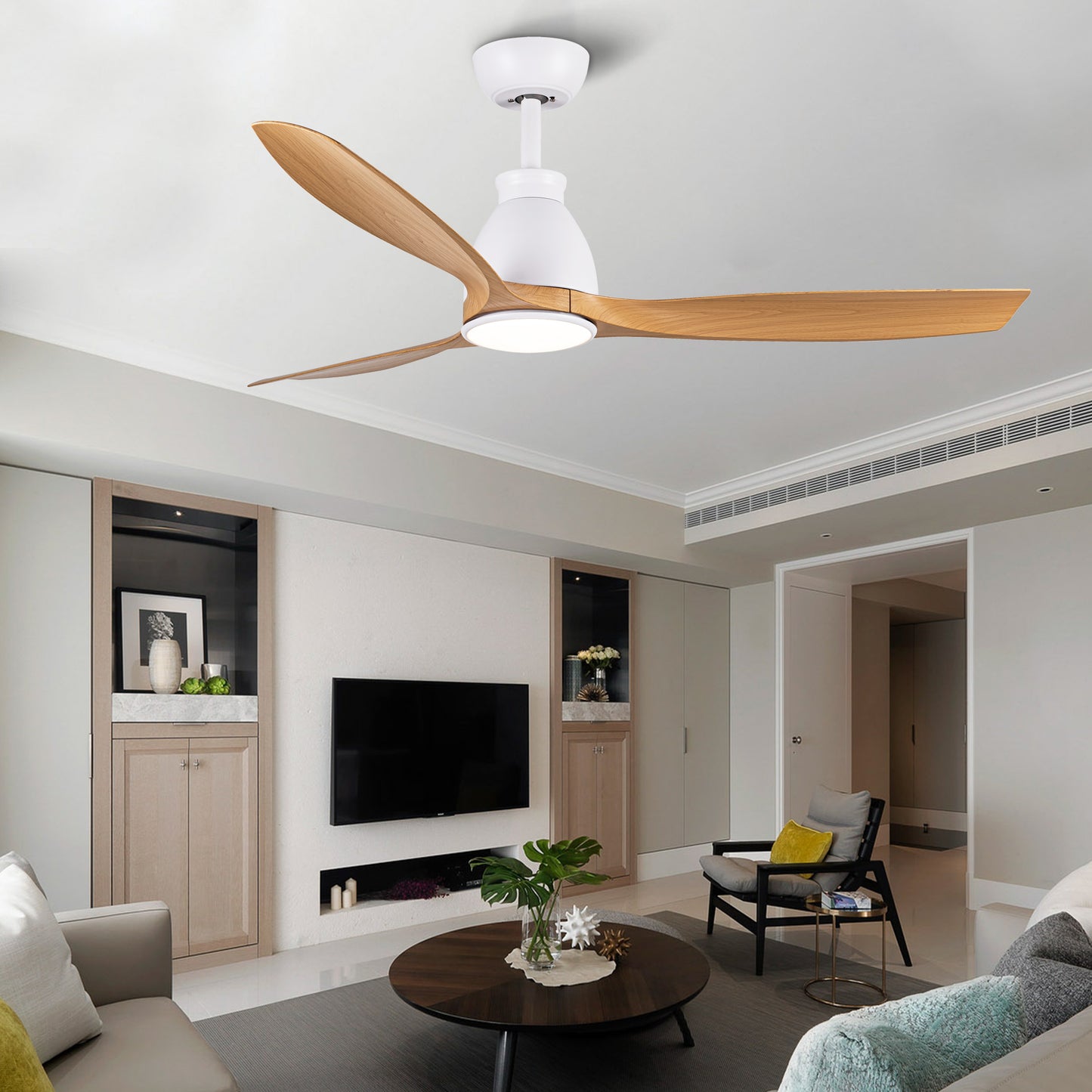 YUHAO 52 inch Indoor Ceiling Fan with Intergrated LED - Matte White with Antique Brown Wood Grain Blade