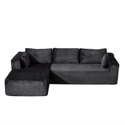 Compression Sectional Couch with Comfy Chaise, Boneless L Shape Sofa with Deep Seat, Minimalist Modular Couches Sleeper for Living Room Bedroom Apartment Lounge,corduroy,Black