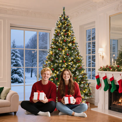 Christmas Tree Pre-Lit, Pre-Decorated Artificial 7.5ft Frosted Pine Holiday Decoration w/Frosted Tips, Pine Cones, Berries, Metal Base for Holiday Party Office Home