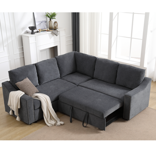 [NEW ARRIVED] [VIDEO PROVIDED]L-shaped sofa with pull-out sofa bed, Corner Sofa,comfortable living room furniture set, sleeper sofa bed,Corner seat for two with broaching sofa,Rivet DeChenille,Gray