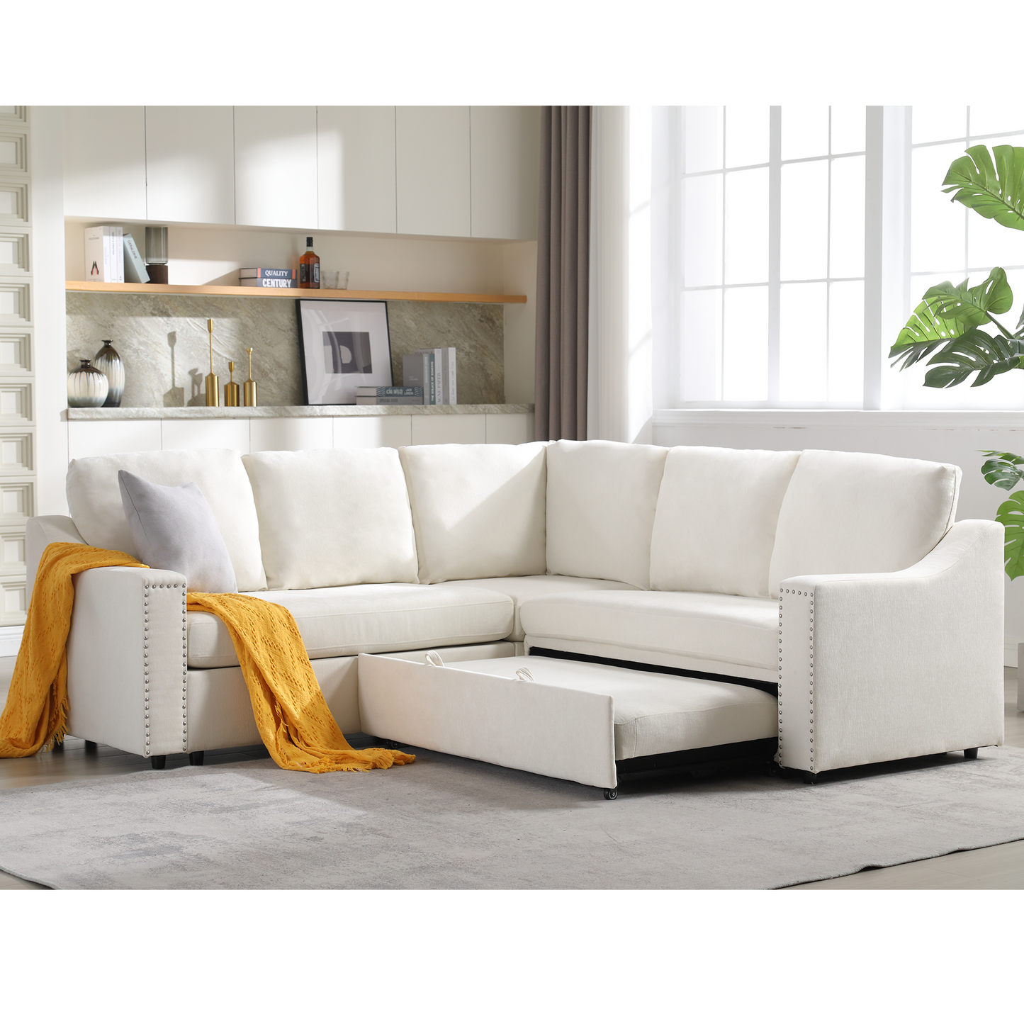 [NEW ARRIVED] [VIDEO PROVIDED]L-shaped sofa with pull-out sofa bed, Corner Sofa,comfortable living room furniture set, sleeper sofa bed,Corner seat for two with broaching sofa,Rivet DeChenille,Beige