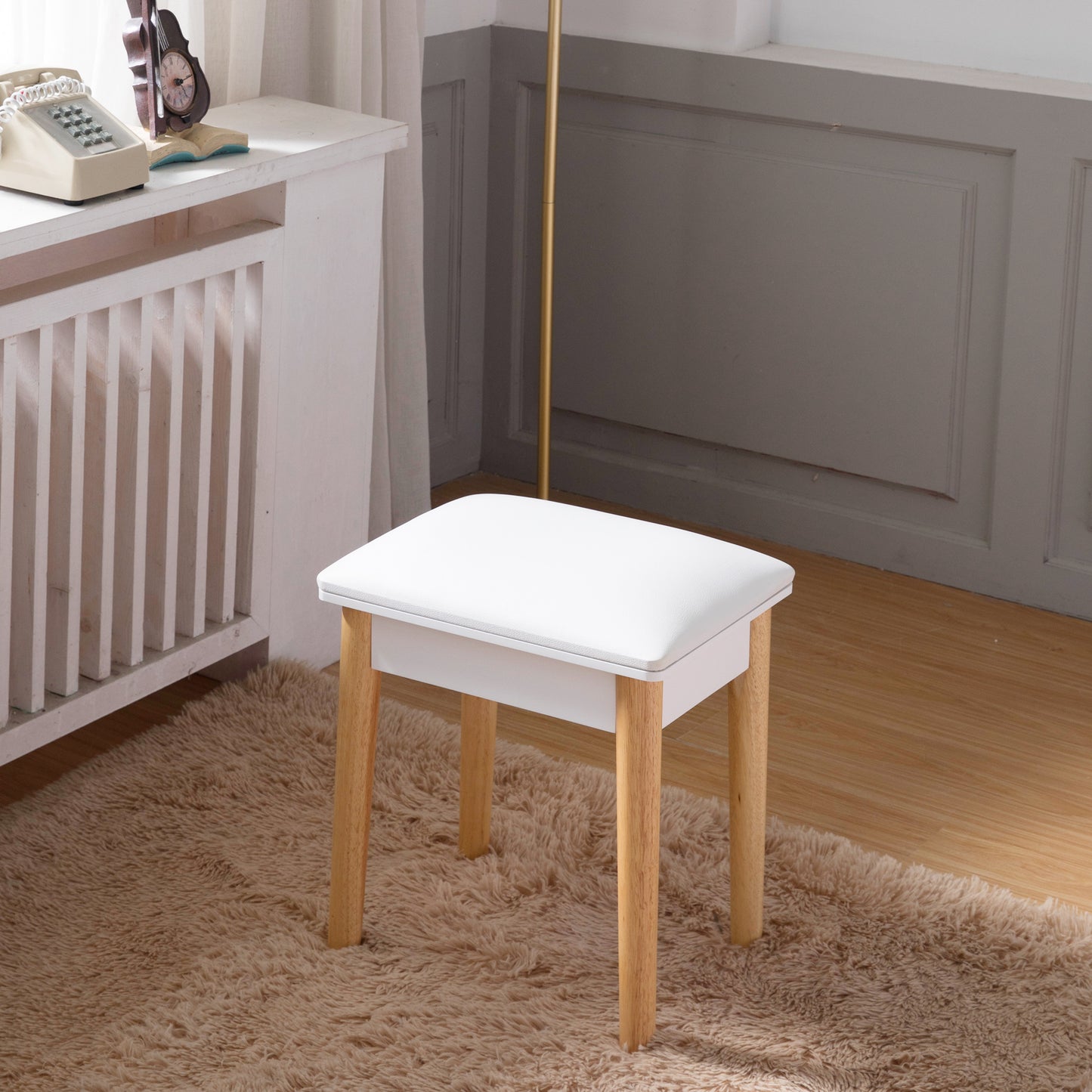 Taburete de tocador de madera, taburete de maquillaje con asiento de PU, blanco