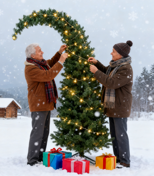 5 ft Prelit Bent Top Christmas Tree, Whimsical Xmas Tree Slim High Mountain Fir with 300 LEDs and Metal Stand