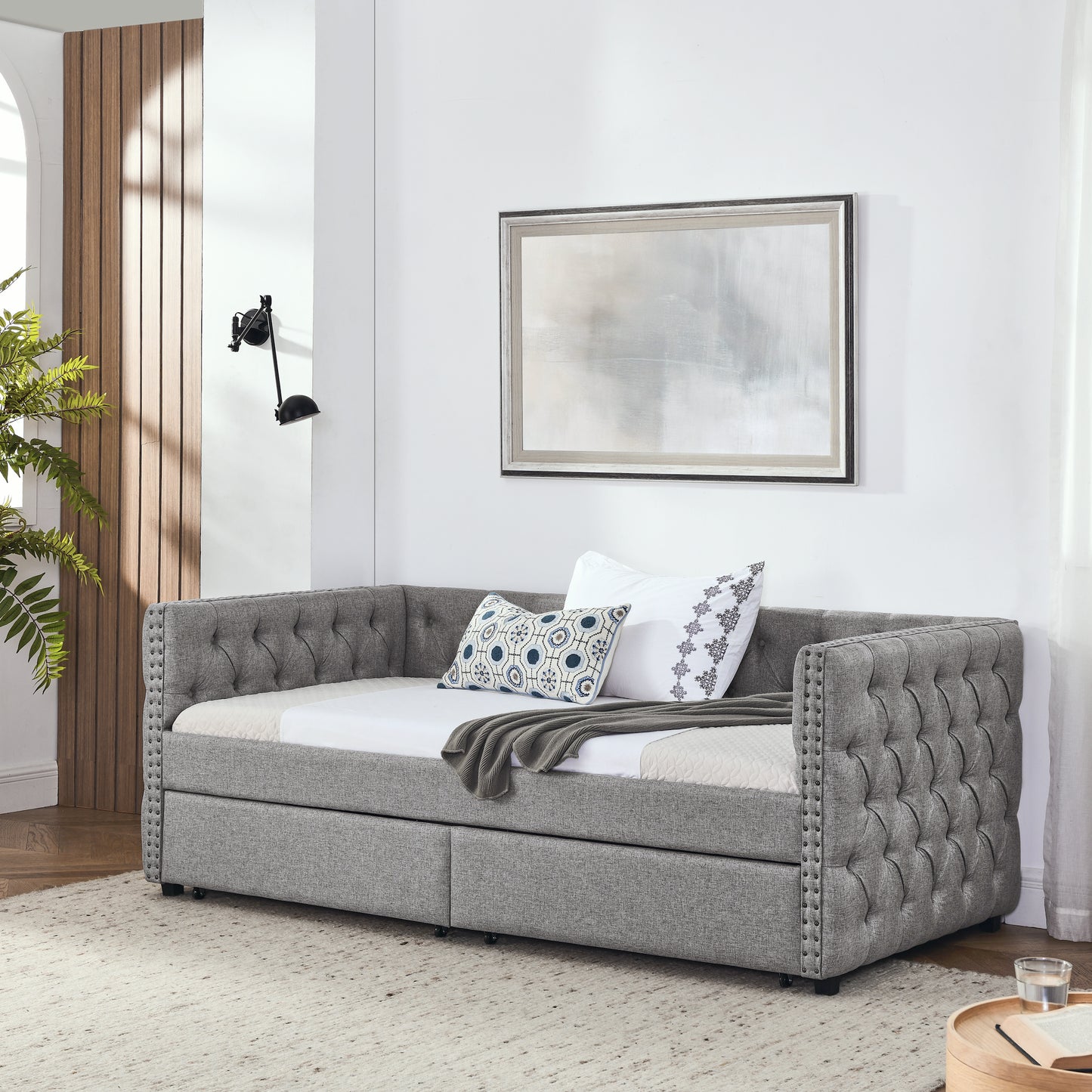 Sofá cama doble tapizado con dos cajones, con botón y clavo de cobre en brazos cuadrados, gris (82.75''x43''x30.75'')