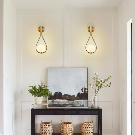 19' Set of 2 Modern Golden Wall Sconces with Opal Glass Globe, Mid-Century Design, Luxury Wall Lights for Bedroom, Living Room, Hallway (No Bulb)