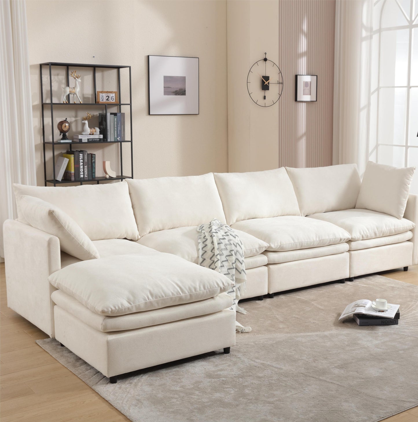 [VIDEO PROVIDED] Modern U-shaped Sectional Sofa ,5-seat Upholstered  Sofa Furniture,Sleeper Sofa Couch with Chaise Lounge for Living Room,Apartment,Beige, Polyester