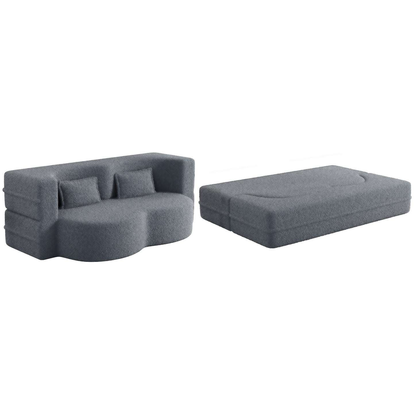 Modern Floor Sofa, with 2 Pillows, Convertible Teddy Fabric Foam Filled Bed, 15 inch Full Size Folding Mattress, Suitable for Living Room, Guest room, Game Room, Grey