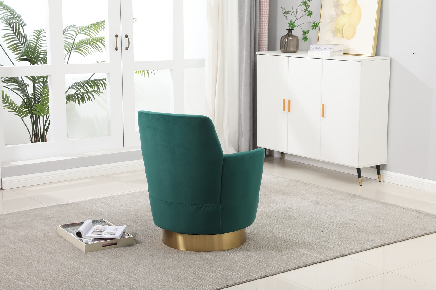 Velvet Swivel Barrel Chair, Swivel Accent Chairs Armchair for Living Room, Reading Chairs for Bedroom Comfy, Round Barrel Chairs with Gold Stainless Steel Base (Emerald)