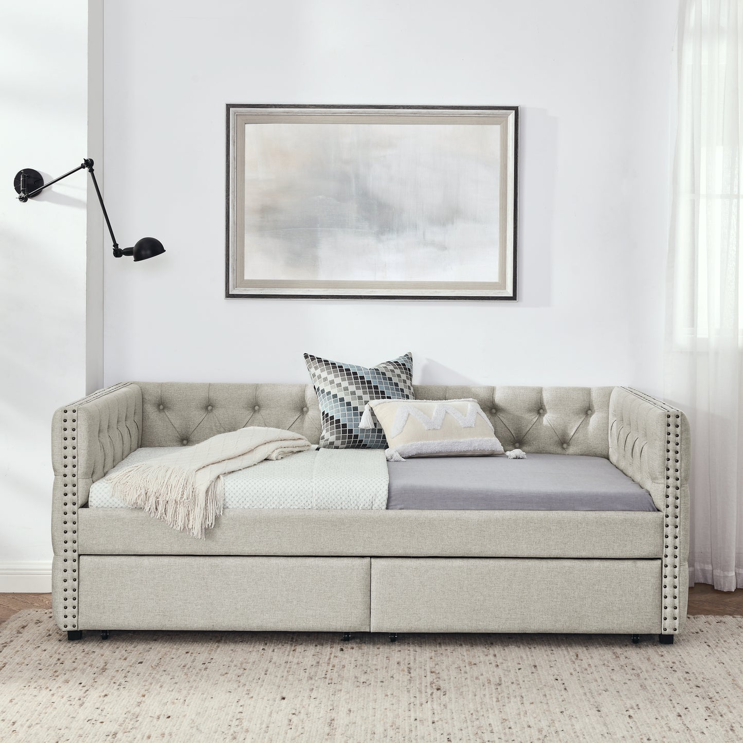 Sofá cama doble tapizado con dos cajones, con botón y clavo de cobre en brazos cuadrados, beige (82.75''x43''x30.75'')