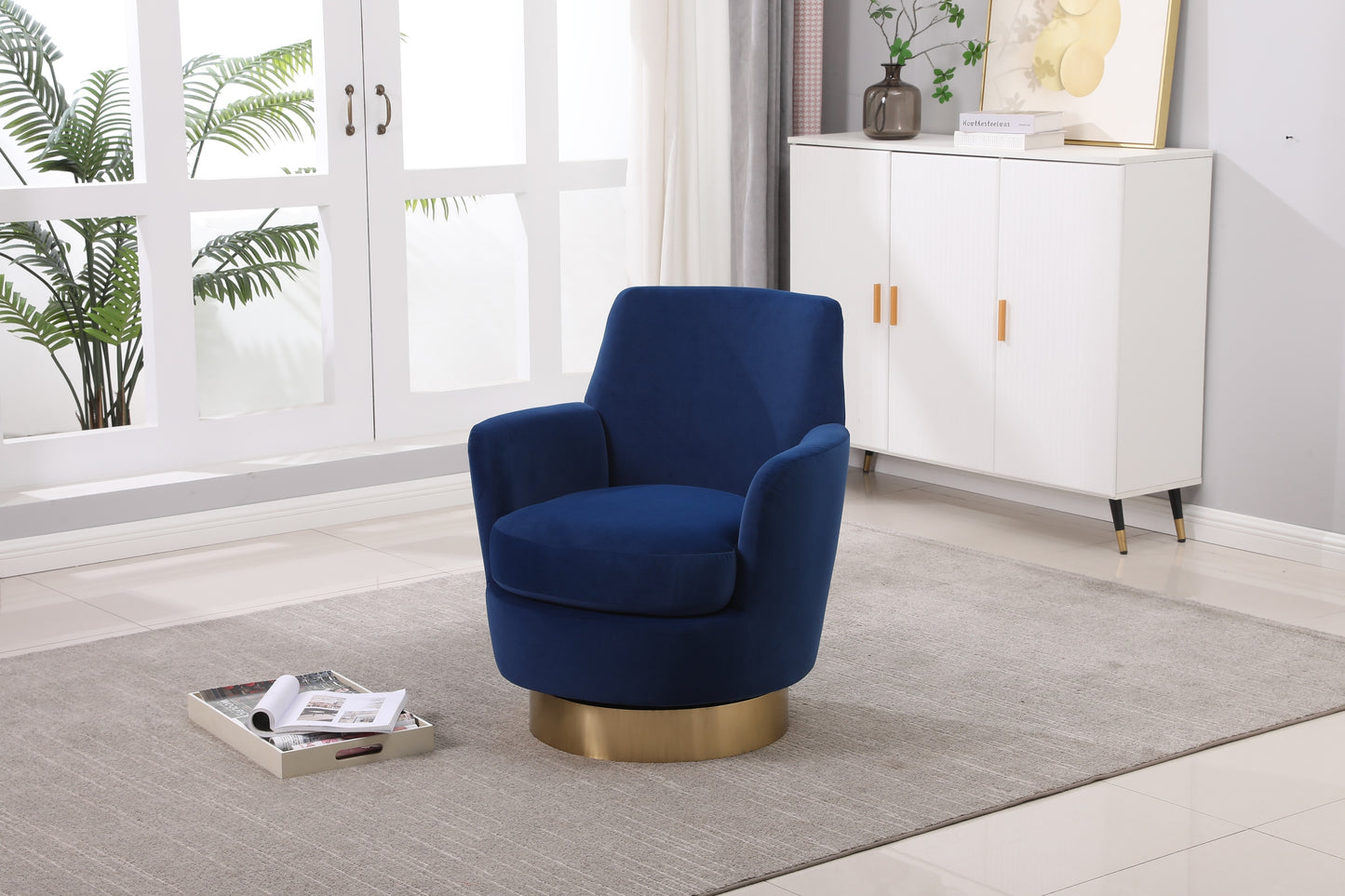 Velvet Swivel Barrel Chair, Swivel Accent Chairs Armchair for Living Room, Reading Chairs for Bedroom Comfy, Round Barrel Chairs with Gold Stainless Steel Base (Navy)