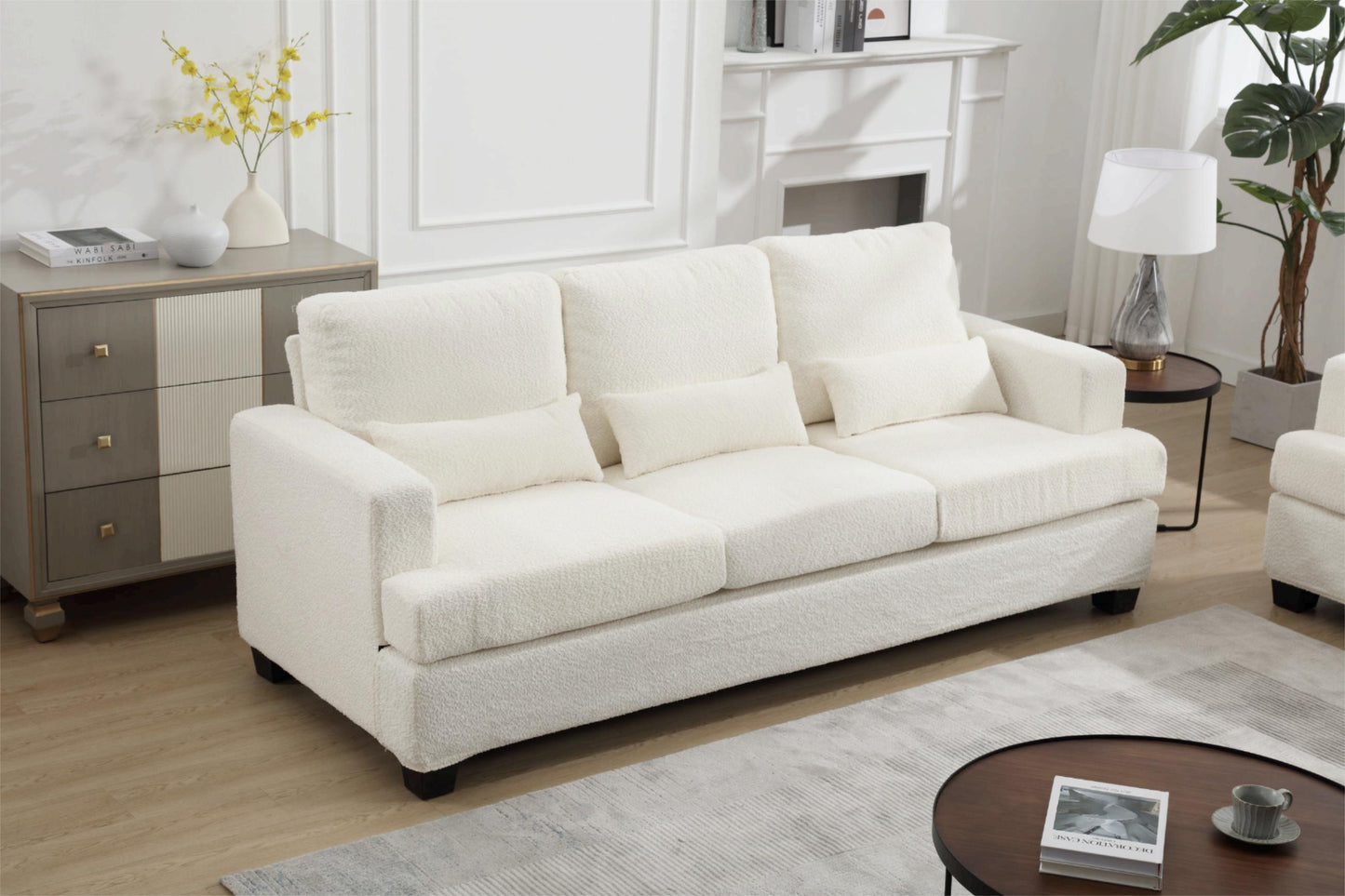 [VIDEO PROVIDED] 88.4" Length Modern Sofas Couches for Living Room, Sofas & couches with Square Armrest, Removable back Cushion and 3pcs waist pillow  (White&Gray Fabric)