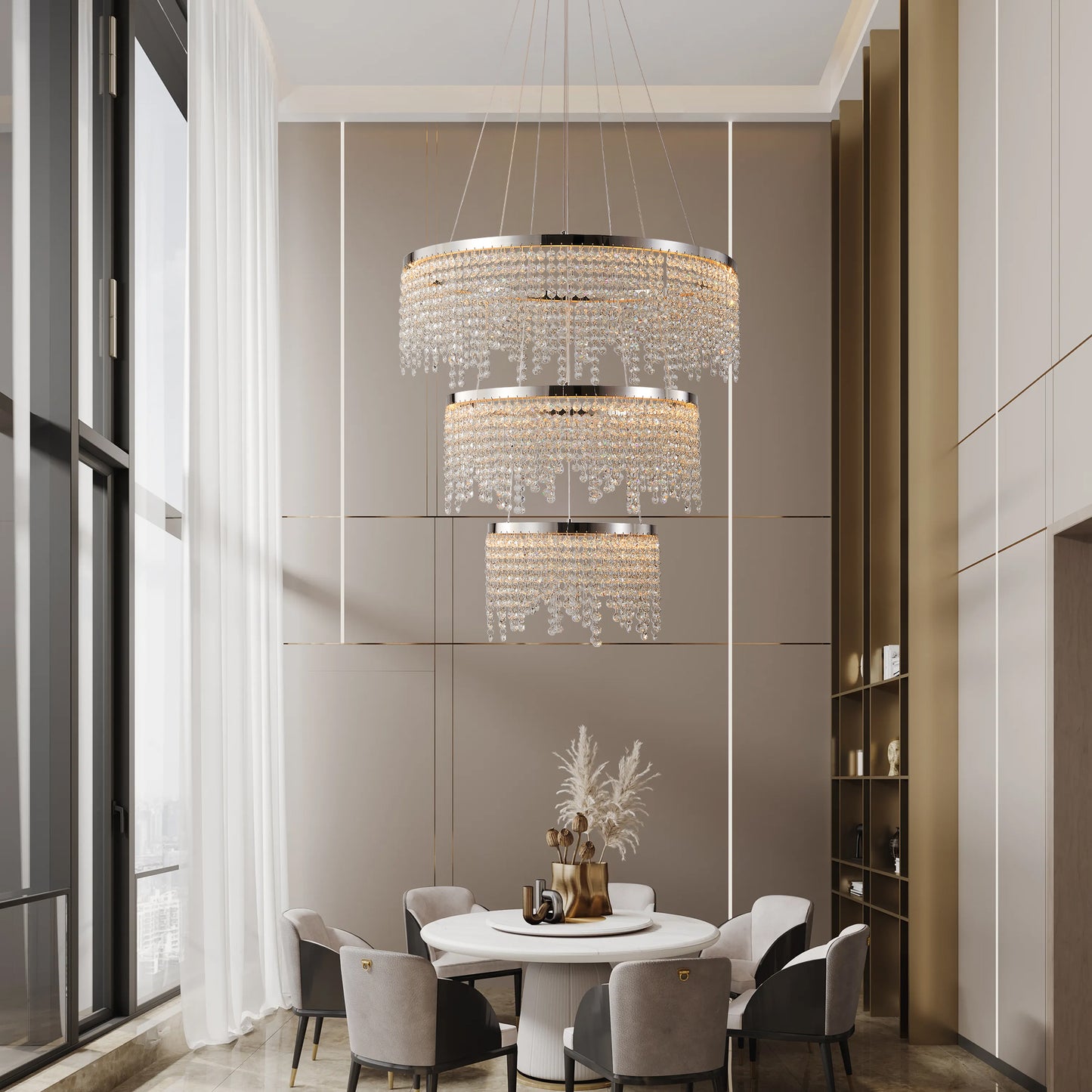 24-inch Crystal Chandelier LED Ceiling Lamp, Adjustable Color Temperature 3000K/4000K/6000K, Height Adjustable, Luxury Round Chandelier, Suitable for Living Room, Dining Room, Bedroom
