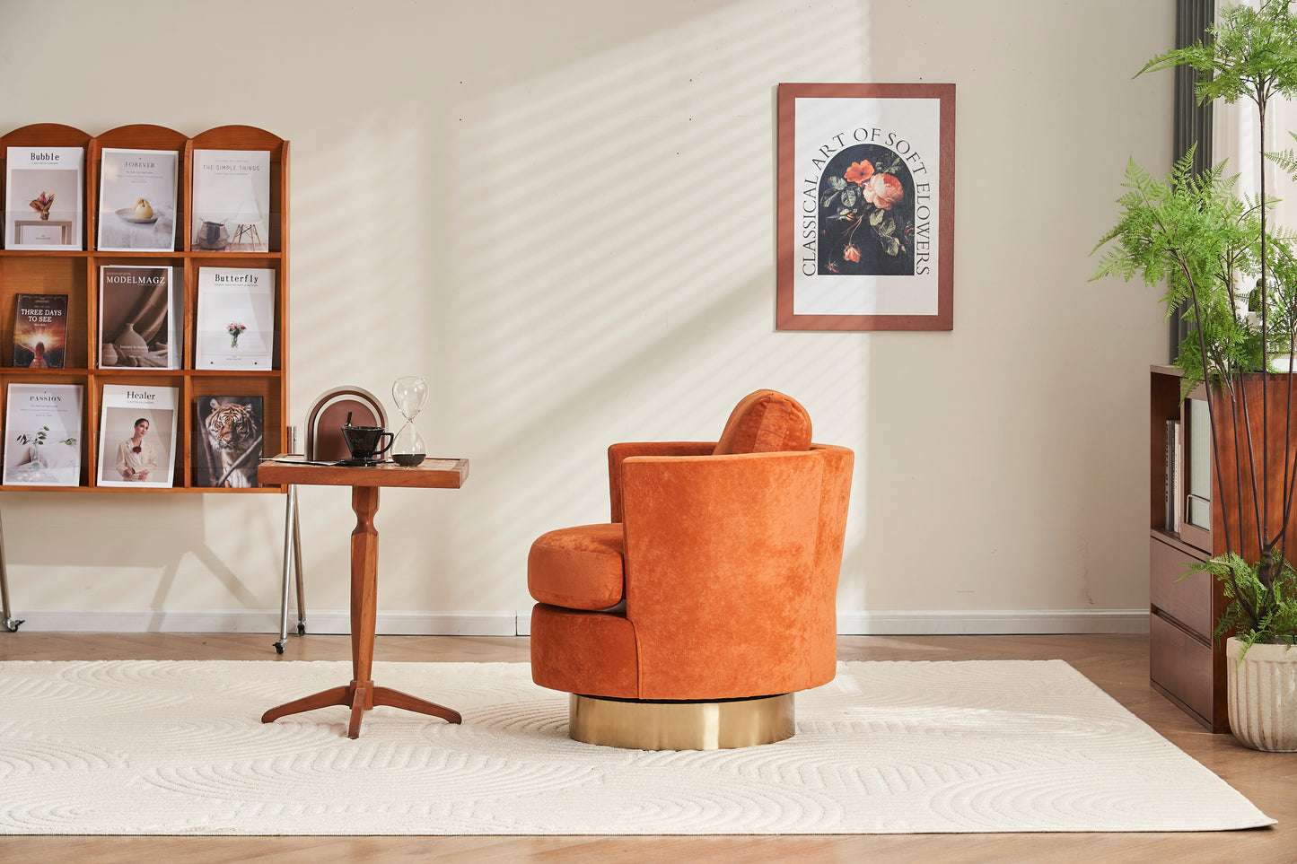 Silla giratoria de terciopelo, sillas giratorias decorativas, sillón para sala de estar, sillas de lectura para dormitorio, cómodas, sillas redondas con base de acero inoxidable dorado (naranja)