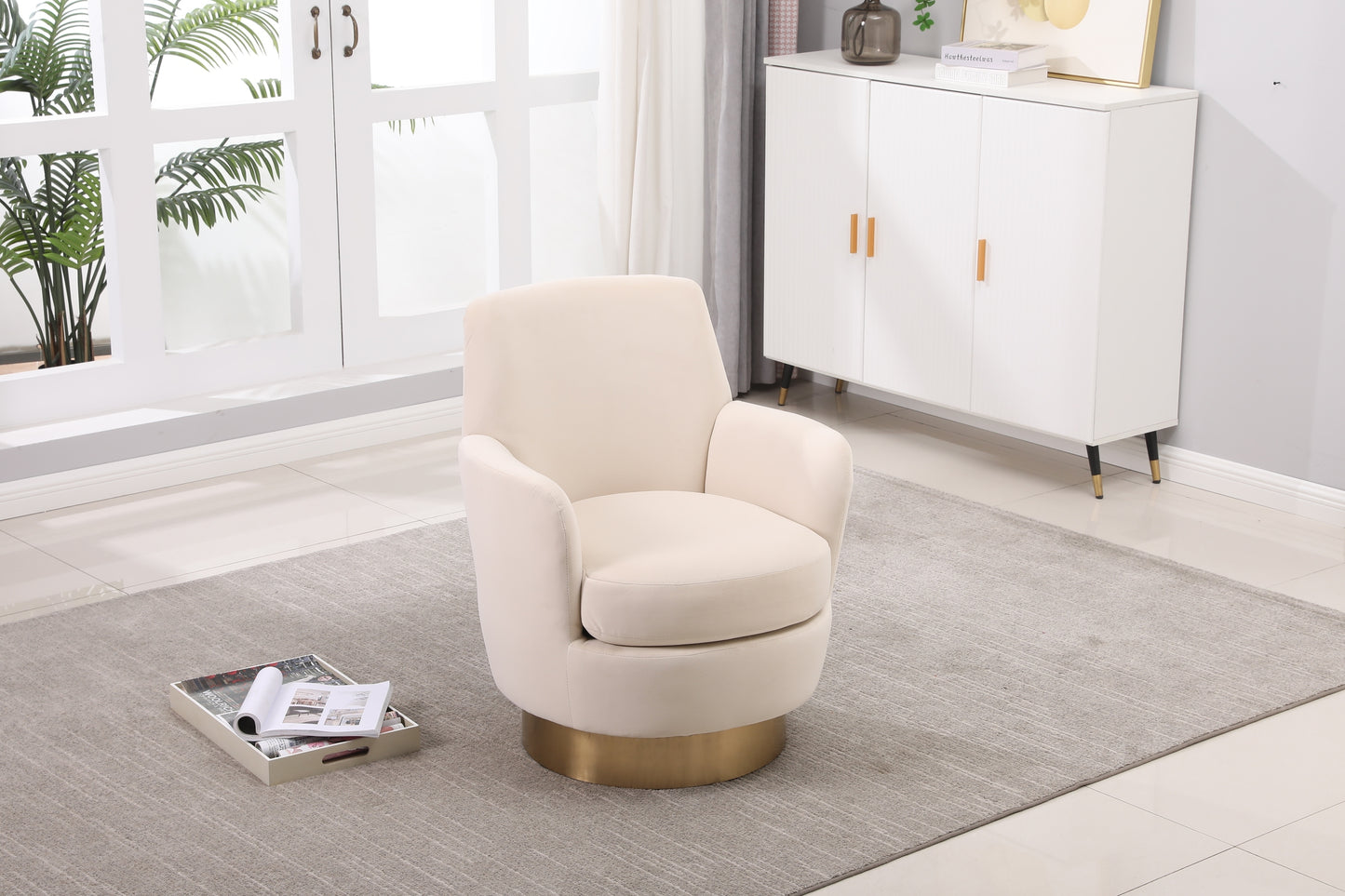 Velvet Swivel Barrel Chair, Swivel Accent Chairs Armchair for Living Room, Reading Chairs for Bedroom Comfy, Round Barrel Chairs with Gold Stainless Steel Base (Beige)