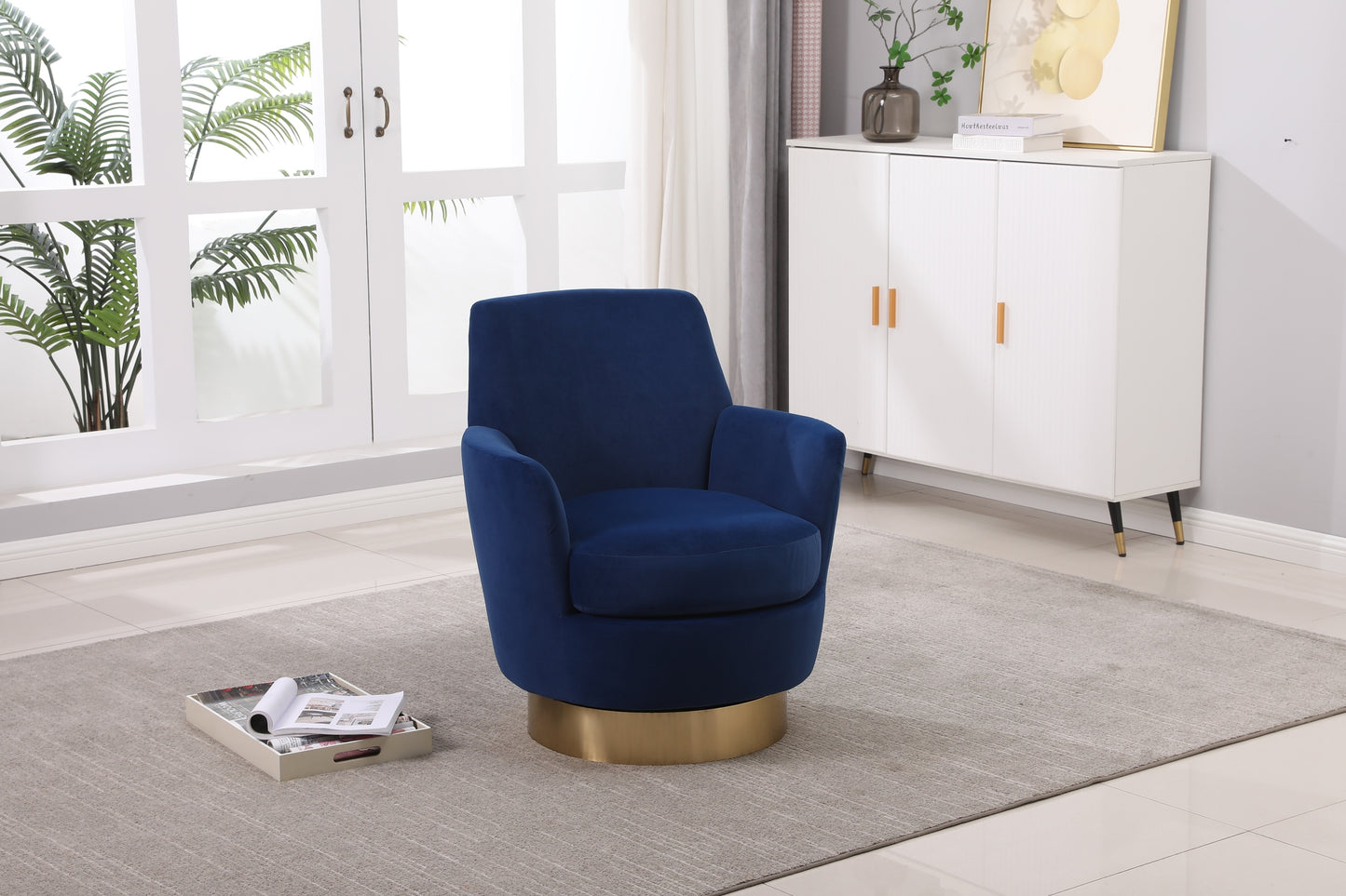 Silla giratoria de terciopelo, sillas giratorias decorativas, sillón para sala de estar, sillas de lectura para dormitorio, cómodas, sillas redondas con base de acero inoxidable dorado (azul marino)