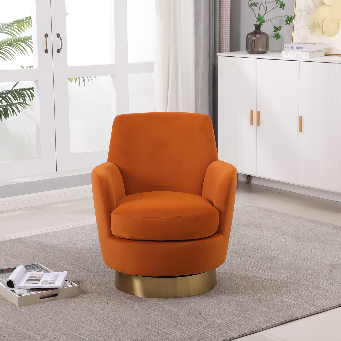 Velvet Swivel Barrel Chair, Swivel Accent Chairs Armchair for Living Room, Reading Chairs for Bedroom Comfy, Round Barrel Chairs with Gold Stainless Steel Base (Orange)