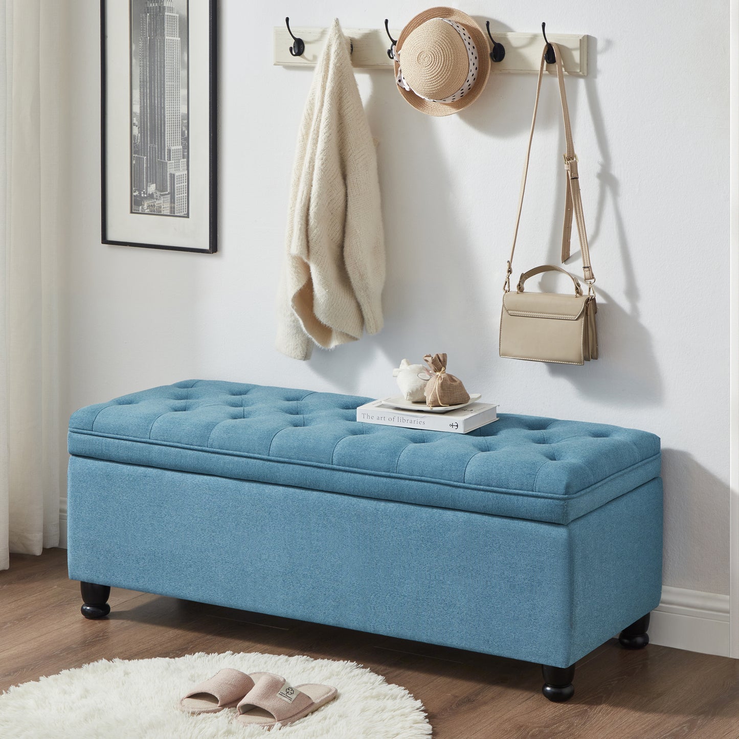 Upholstered tufted button storage bench ,Linen fabric entry bench with spindle wooden legs, Bed bench- Light Blue