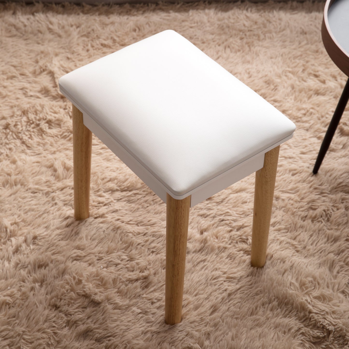 Taburete de tocador de madera, taburete de maquillaje con asiento de PU, blanco