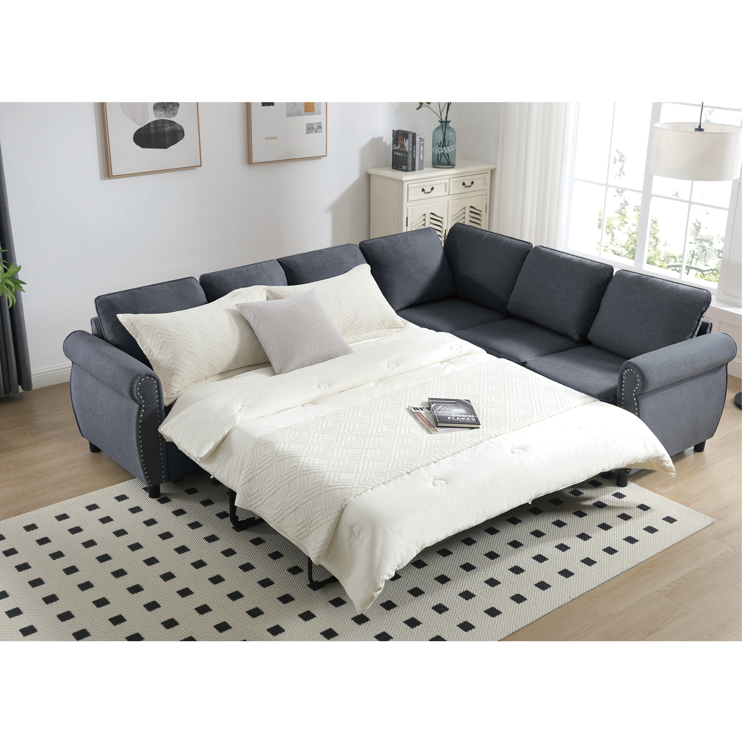 [NEW ARRIVED] [VIDEO PROVIDED] Sleeper Sofa, 2 in 1 Pull Out Couch Bed,6 seater sofa bed, L Shaped Sleeper Sectional Sofa Couch,Riveted sofa,104'' Large combined sofa Bed in living room, Dark Gray