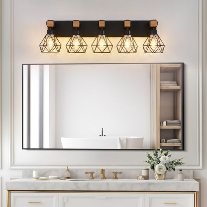 31' Modern Geometric 5-Light Vanity Light Fixture with Black Metal, Wooden Accents and Cage Lampshade for Bathroom, Bedroom, or Living Room (Bulb Not Included)