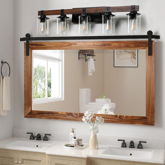 35' Rustic 5-Light Vanity Light, Industrial Bathroom Wall Sconce with Glass Shades and Wood Accent, Modern Farmhouse Lighting Fixture (No Bulbs)