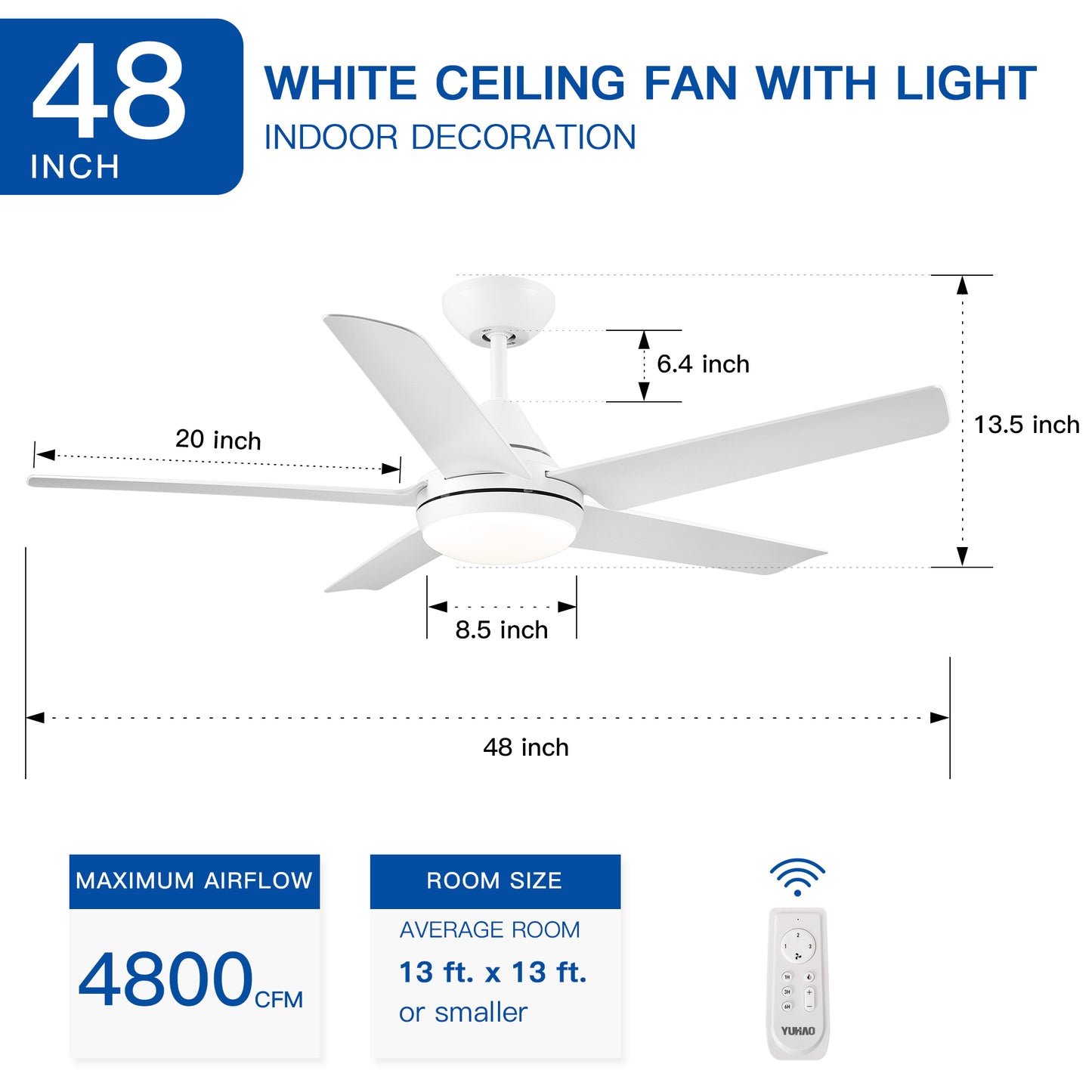 YUHAO Ventilador de techo LED integrado de 48 pulgadas con aspa de ABS blanca