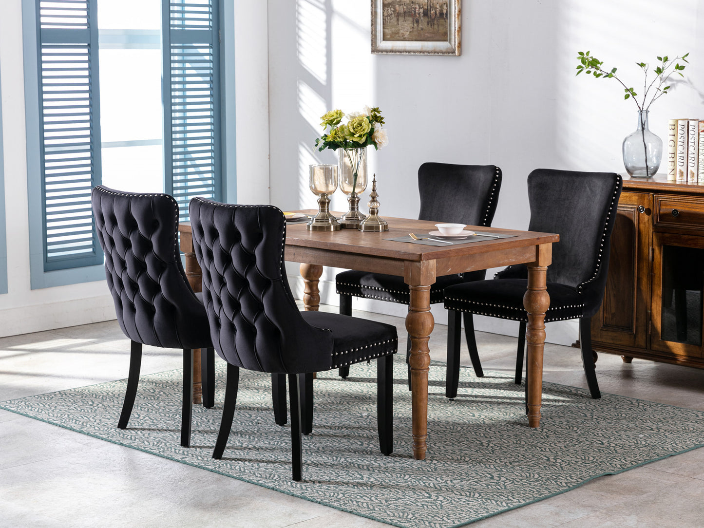 Silla de comedor tapizada con respaldo de orejas, ribete de clavos con pespuntes y patas de madera maciza, juego de 2, negro, SW8809BK, KD