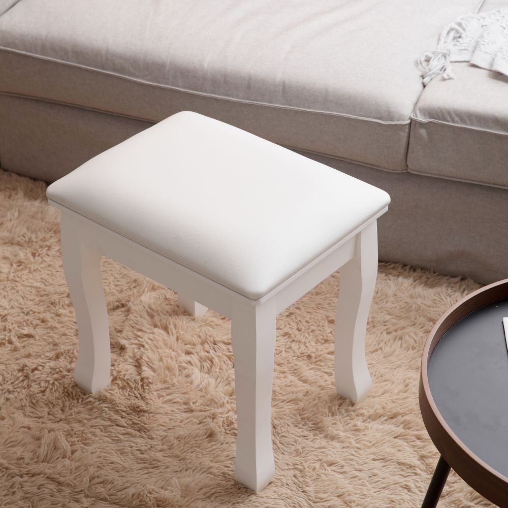 Taburete de tocador blanco, silla de maquillaje acolchada, banco con patas de madera maciza