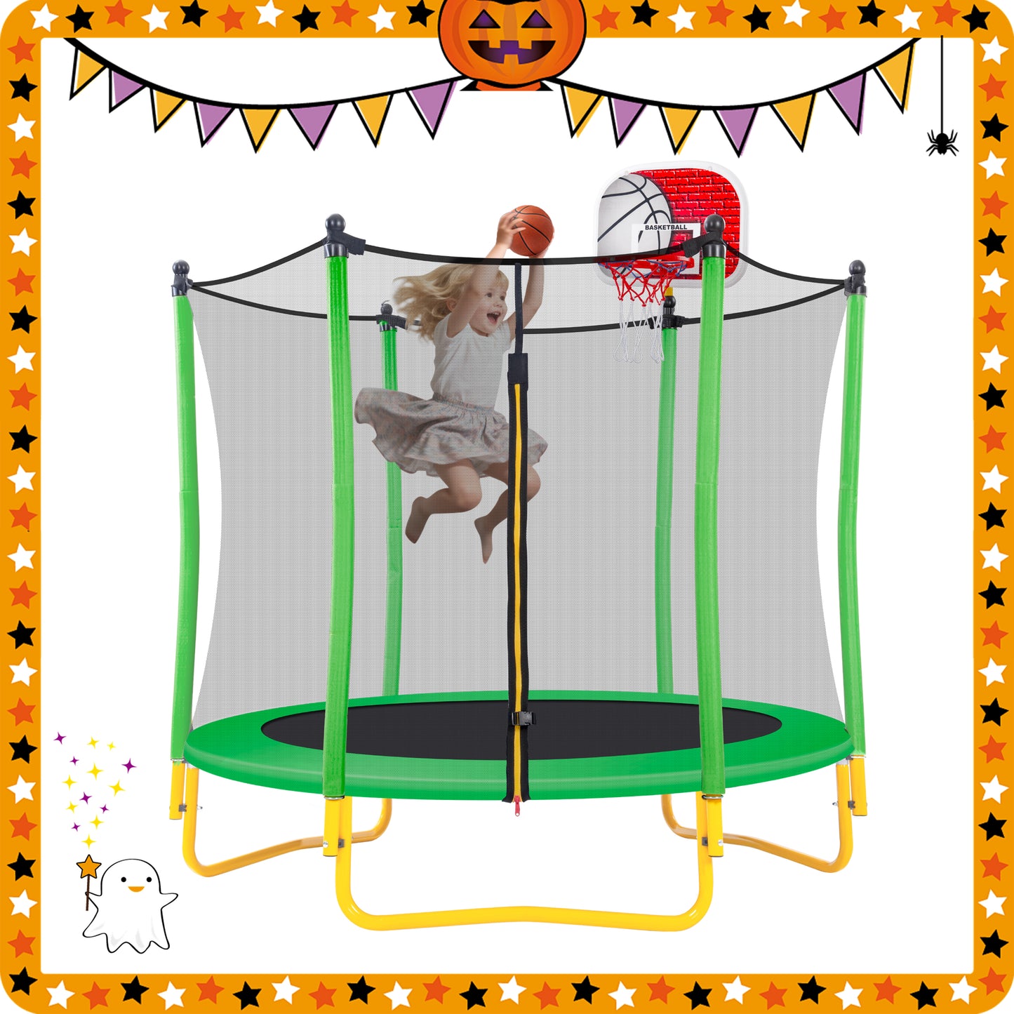 5.5FT Trampoline for Kids - 65' Outdoor & Indoor Mini Toddler Trampoline with Enclosure, Basketball Hoop and Ball Included