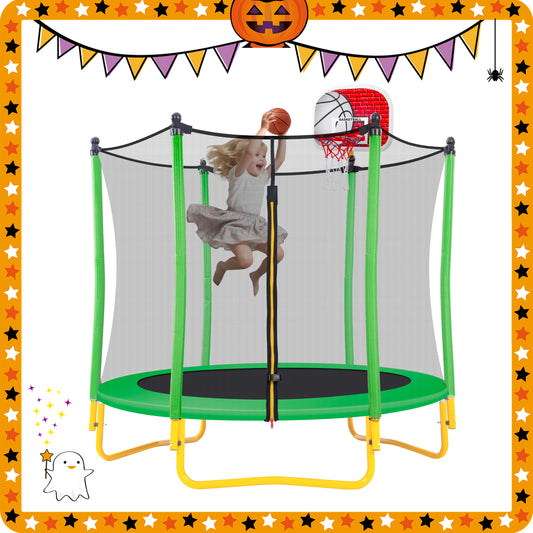 5.5FT Trampoline for Kids - 65' Outdoor & Indoor Mini Toddler Trampoline with Enclosure, Basketball Hoop and Ball Included
