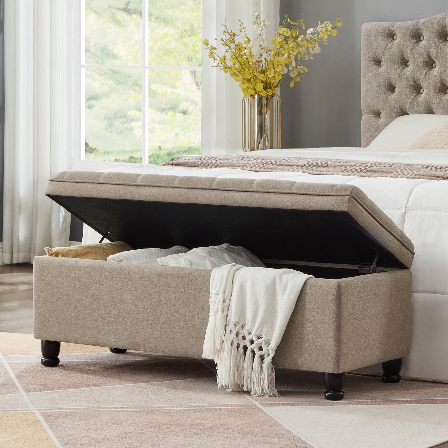 Upholstered tufted button storage bench ,Linen fabric entry bench with spindle wooden legs, Bed bench- Linen