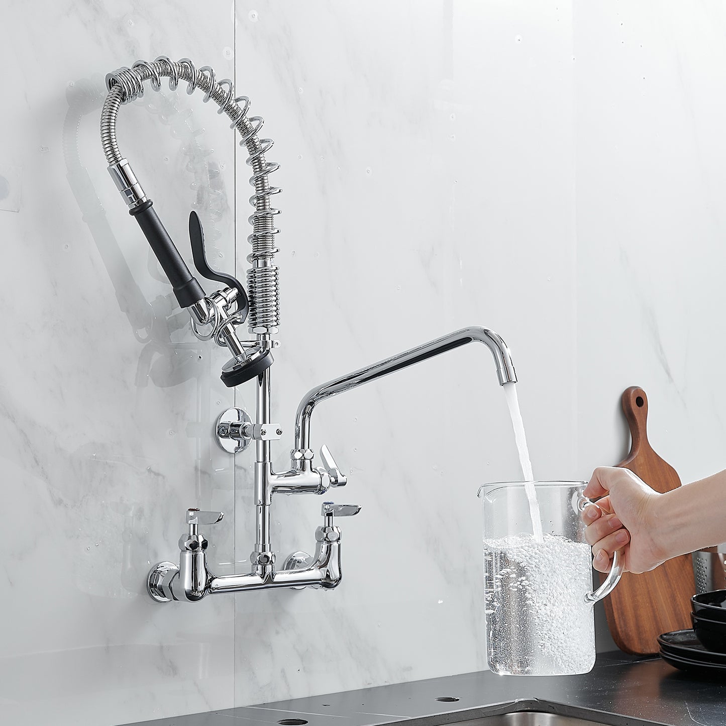 Commercial Kitchen Faucet Deck Mount with Pre-Rinse Sprayer 21' Height Kitchen Sink Faucet 8 Inch Center with 10' Add-on Swing Spout Faucet & Coiled Spring Pull Down Spray