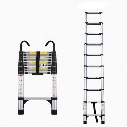 Telescopic ladder, 9.5 foot aluminum button telescopic ladder with 2 triangular stabilizers and hooks, multi-purpose ladder, maximum load-bearing capacity of 330 pounds, suitable for industrial and home