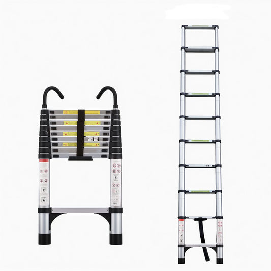 Telescopic ladder, 9.5 foot aluminum button telescopic ladder with 2 triangular stabilizers and hooks, multi-purpose ladder, maximum load-bearing capacity of 330 pounds, suitable for industrial and home