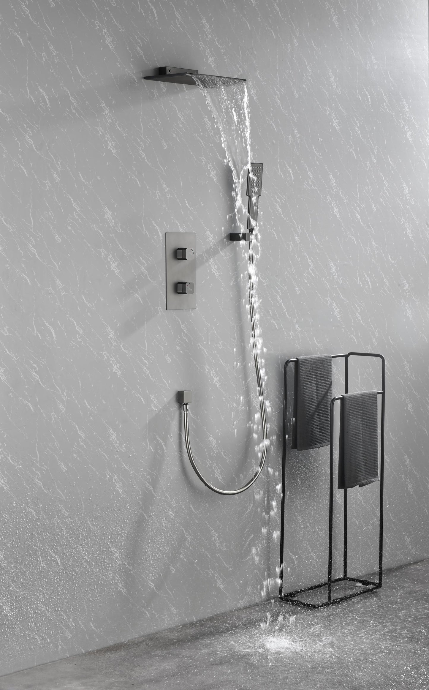 Waterfall Spout Wall Mounted shower  with Handheld   Shower  Systems  Gun Gray Metal