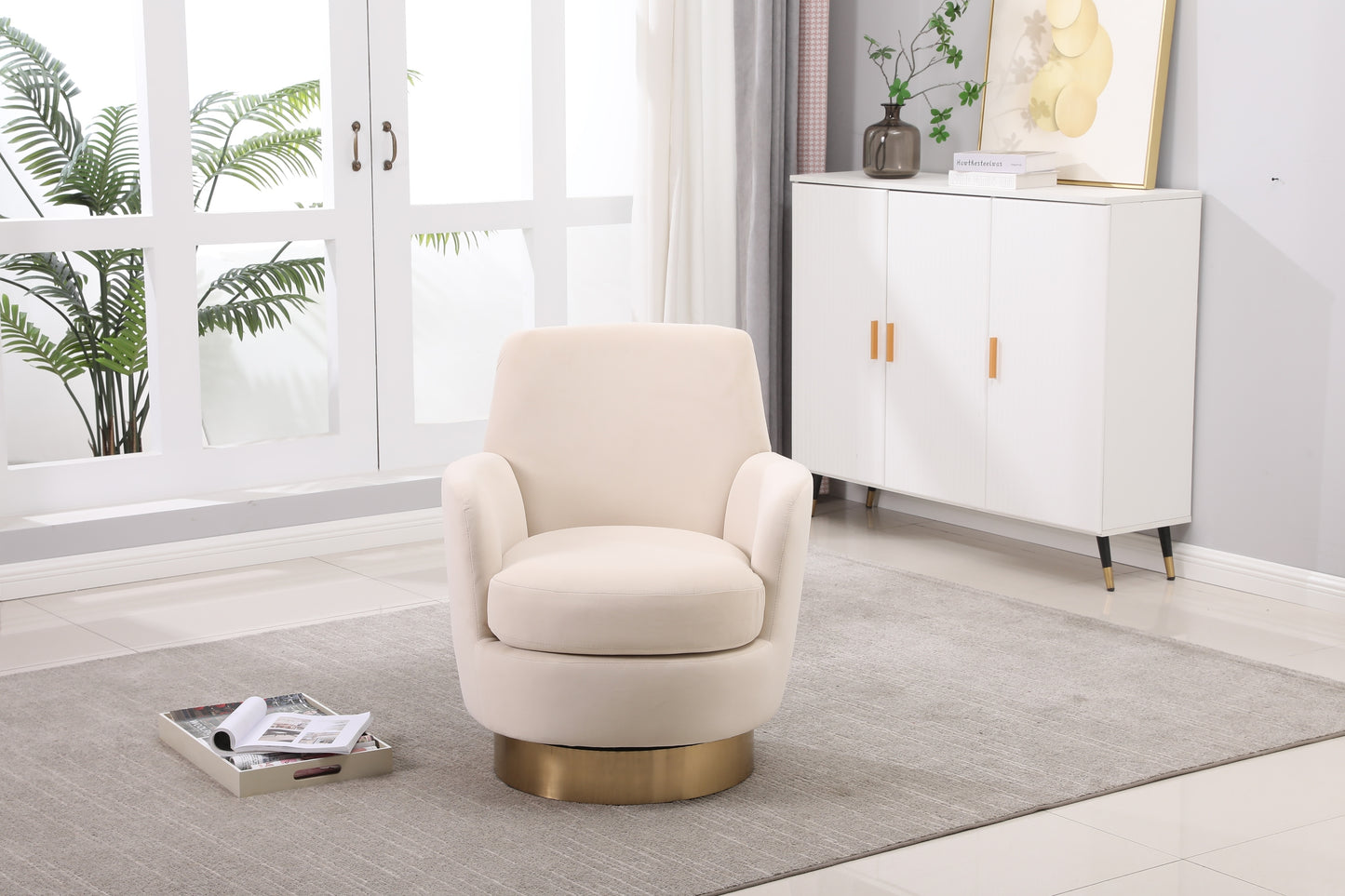 Velvet Swivel Barrel Chair, Swivel Accent Chairs Armchair for Living Room, Reading Chairs for Bedroom Comfy, Round Barrel Chairs with Gold Stainless Steel Base (Beige)