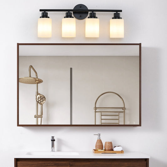 24' Modern 4-Light Vanity Bathroom Mirror Light, Frosted White Glass with Black Iron Frame, Contemporary Wall Sconce for Bedroom, Bathroom, And Dressing Room (Bulb Not Included)