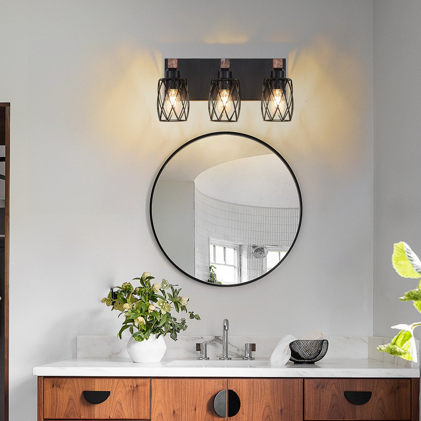 18' Industrial Vintage 3-Light Wall Sconce - Black Cage Wall Lighting Fixture with Wooden Accents for Bathroom, Hallway, or Living Room (Bulb Not Included)