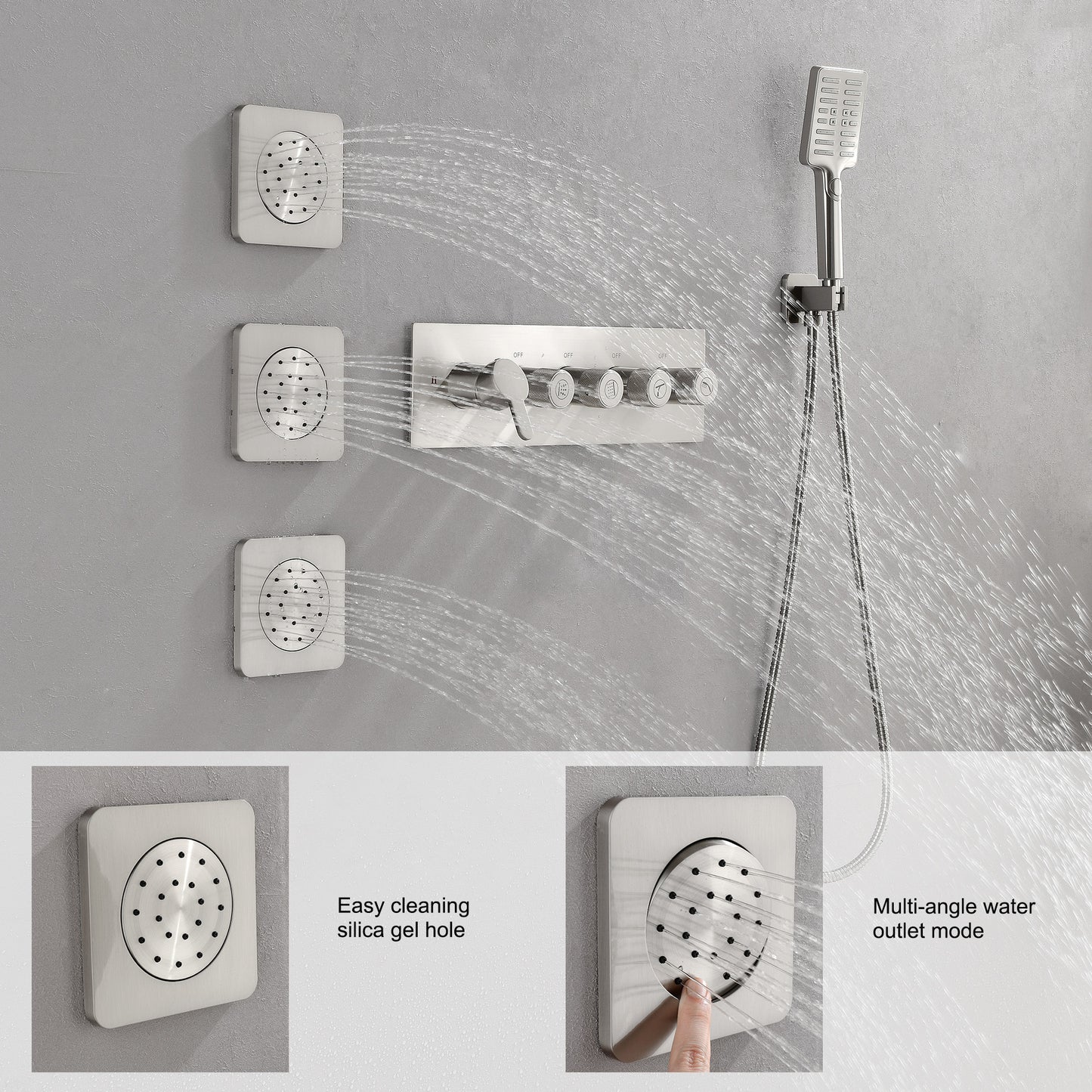 Wall Mounted Waterfall Rain Shower System With 3 Body Sprays & Handheld Shower