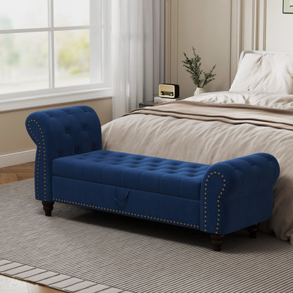 64.5' Bed Bench for Bed Room Nails Tufted Chaise of Lounge with Storage Velvet Upholstery Navy Blue