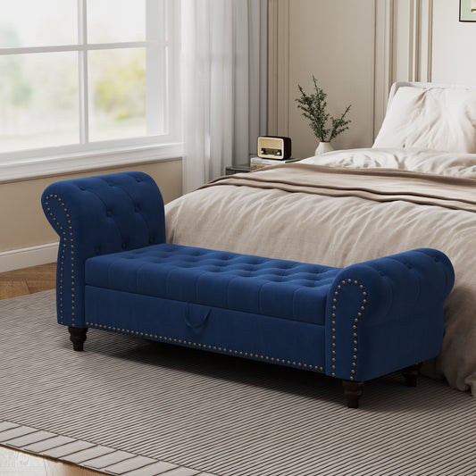 64.5' Bed Bench for Bed Room Nails Tufted Chaise of Lounge with Storage Velvet Upholstery Navy Blue