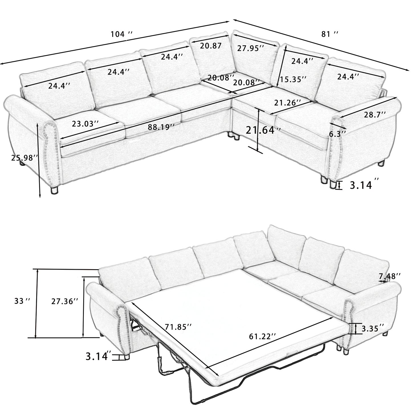 [NEW ARRIVED] [VIDEO PROVIDED] Sleeper Sofa, 2 in 1 Pull Out Couch Bed,6 seater sofa bed, L Shaped Sleeper Sectional Sofa Couch,Riveted sofa,104'' Large combined sofa Bed in living room, Dark Gray