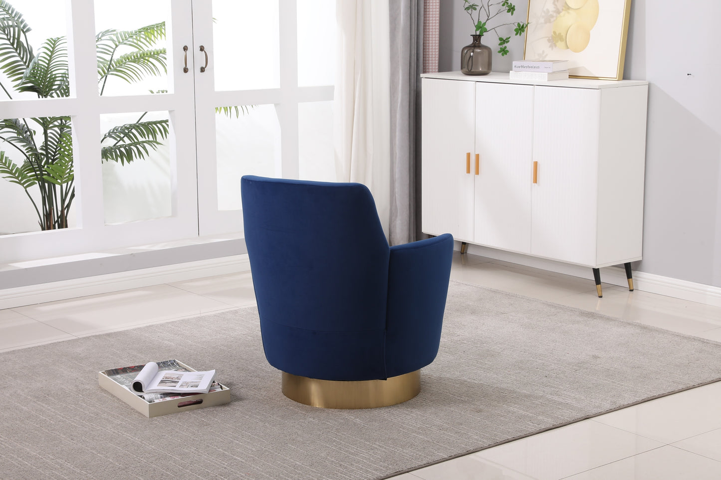 Silla giratoria de terciopelo, sillas giratorias decorativas, sillón para sala de estar, sillas de lectura para dormitorio, cómodas, sillas redondas con base de acero inoxidable dorado (azul marino)