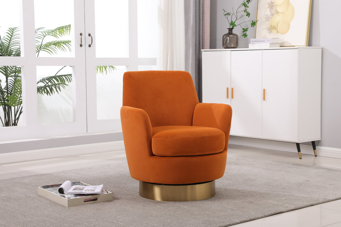 Velvet Swivel Barrel Chair, Swivel Accent Chairs Armchair for Living Room, Reading Chairs for Bedroom Comfy, Round Barrel Chairs with Gold Stainless Steel Base (Orange)