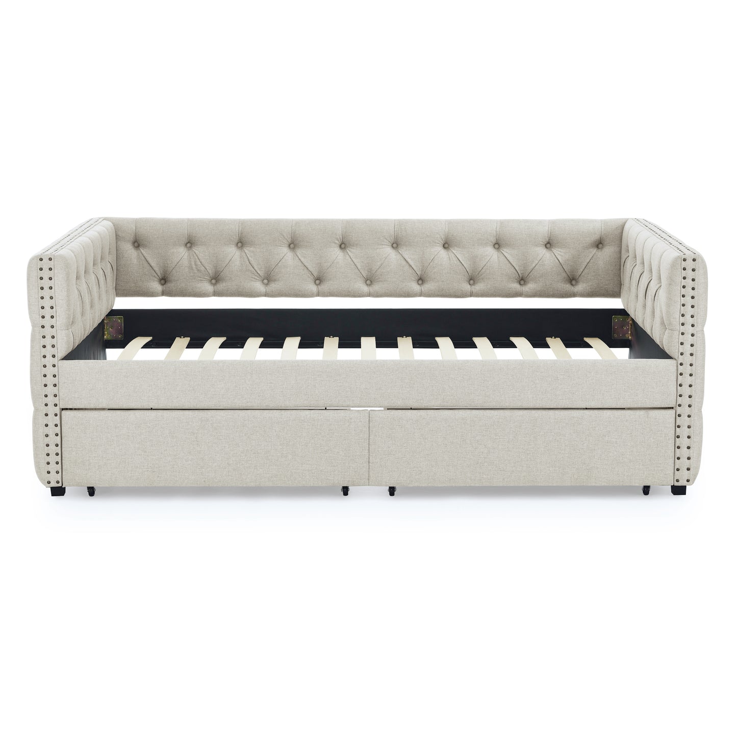 Upholstered Twin Size Daybed with Two Drawers, with Button and Copper Nail on Square Arms, Beige (82.75''x43''x30.75'')