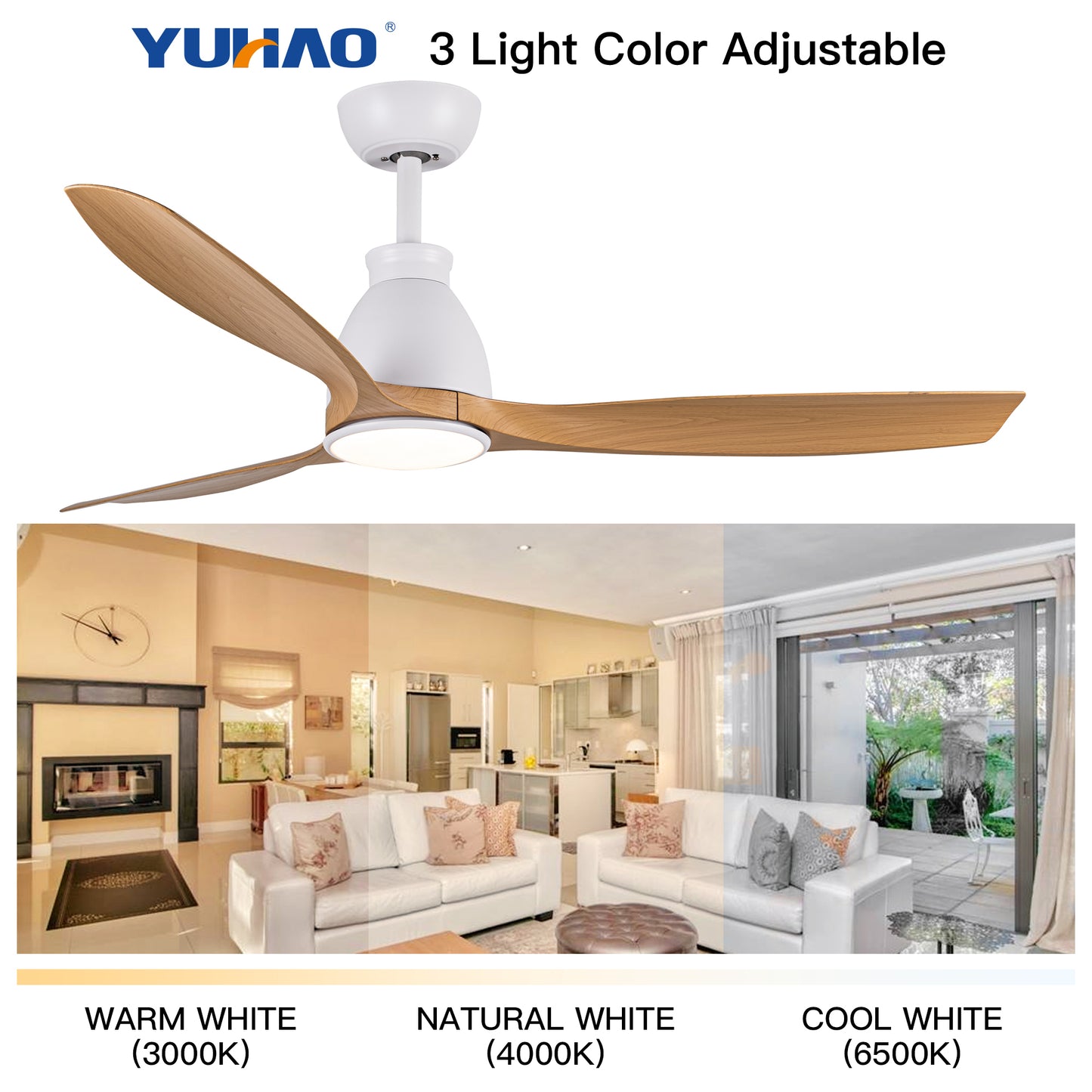 YUHAO Ventilador de techo interior de 52 pulgadas con LED integrado - Blanco mate con hoja de veta de madera marrón antigua